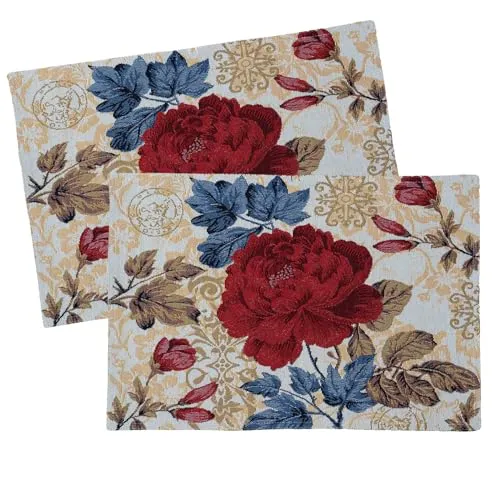 Gobelin Tischset 2er Pack Blumen Tischdeko mit Baumwolle Osterdeko Untersetzer Esstisch Natur Deko Art Deco Rosé Typ884 Platzsets 33x46 cm Pfingstrose