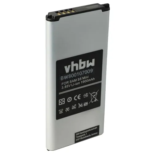 vhbw Akku kompatibel mit Samsung Galaxy SM-G800H, SM-G800F, S5 Mini, SM-G800, S5 Dx, SM-G800R4 Handy Smartphone Telefon (1900 mAh, 3,85 V, Li-Ion)