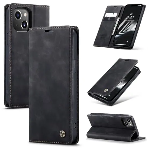 König Design Handyhülle für Apple iPhone 15 Plus Hülle Premium Kunst-Leder Klappbar Flip Case Magnet Kartenfach Standfunktion Tasche Schutzhülle für Apple iPhone 15 Plus (Schwarz)