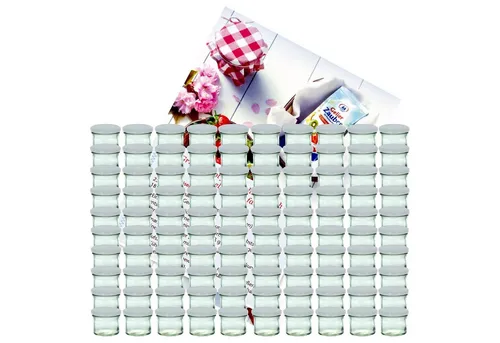 MamboCat Einmachglas 100er Set 125 ml mit silbernen Deckeln - Einmachgläser für Marmelade, Wurst, Obst und Gemüse – ideal für die gesunde Ernährung. Set mit 100 Sturzgläsern und praktischen Twist-Off-Deckeln. Inklusive Rezeptheft für kreative Kochideen!