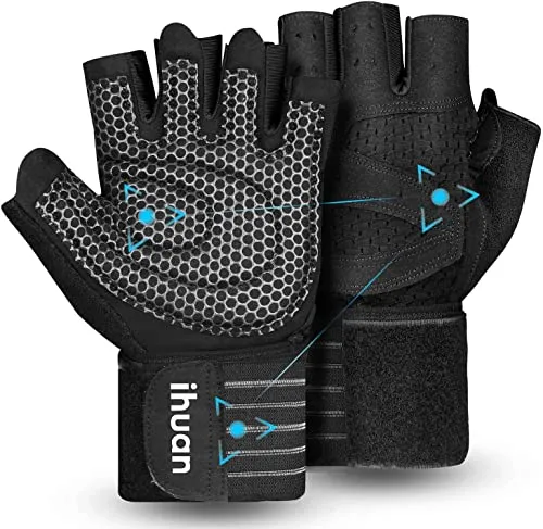 Ihuan Fitness Handschuhe mit Handgelenkband-Unterstützung | Schwarze Gewichtheberhandschuhe für Herren und Frauen