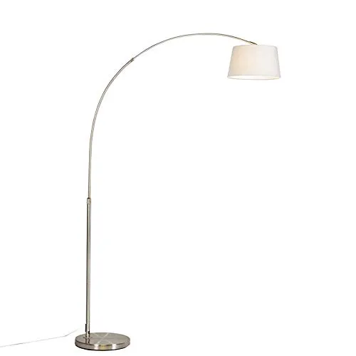 Qazqa Bogenlampe aus Stahl in Silber mit weißem Stoffschirm - Moderne Bogenlampe für stilvolle Innenräume. E27 Fassung, dimmbar (Dimmer nicht enthalten), ideal für Wohnzimmer und Esszimmer. Elegantes Design aus Stahl für eine angenehme Atmosphäre.