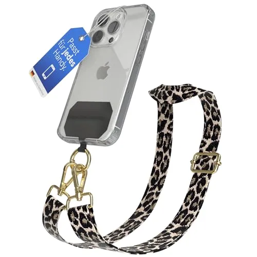EAZY CASE - Handykette Universal zum Umhängen kompatibel mit jedem Handy Kette mit Hülle kombinierbar Handykordel Karabiner für Handyhülle Handyband zum Umhängen Leo - Schwarz Taupe Gold