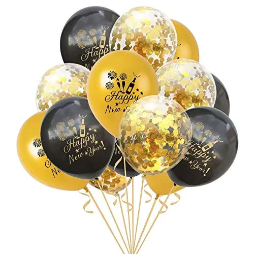 Oblique Unique® Konfetti Luftballon Set für Silvester Neujahr Party Feier Deko Ballons 15 Stück Happy New Year Schwarz Gold
