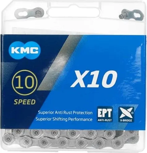 X10 Kette e-Bike KMC - 10-fach silber Fahrradkette mit Schloss - Fahrradketten für Universell, City Bike, Mountainbike und Rennrad. 10-fach, 132 Glieder, robust und langlebig aus Stahl, ideal für anspruchsvolle Fahrten.