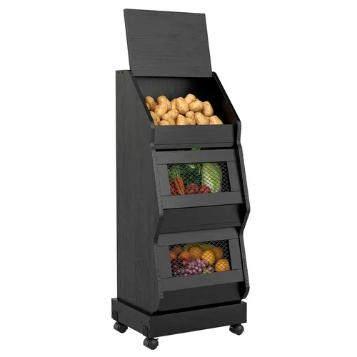 Puluomis Vorratsdose mit Belüftung und Rollen - Praktische Kartoffelbox mit klappbaren Türen und stabiler Konstruktion. Optimal für die Lagerung von Gemüse und Brot, ideal für kleine Küchen. Farbe: Braun-Schwarz.
