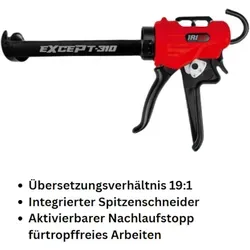 Irion 200001 Kartuschenpresse 310ml Profi mit Nachlaufstopp - Hochwertige Kartuschenpresse für 150 und 310ml Kartuschen, mit drehbarer Halbschale und 19:1 Übersetzung. Ideal für präzise Anwendungen, robustes Profigerät mit gummiertem Griff und Nachlaufstopp.