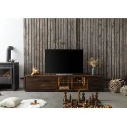 Massivmoebel24 TV-Board aus Akazie – BARK #216 - Lowboard aus massivem Akazienholz, 235x40x47 cm, mit Doppeltür und LED-beleuchtetem Regalteil. Modernes Design trifft auf rustikalen Charme – ideal für stilvolle Wohnzimmer.