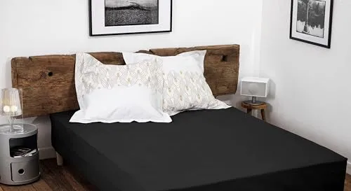 Spannbettlaken, 100% Baumwolle, 57 Fäden/cm², Größe 160 x 200 cm, Schwarz, Spannhöhe 25 cm, dicht gewebt, weich, atmungsaktiv, waschbar