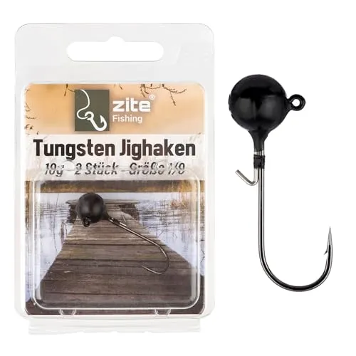 Zite Fishing Tungsten Jighaken Set | Bleifrei Jigköpfe mit Angelhaken 1/0-5/0 Matt-Schwarz | Ultrascharfe Jigheads Haken Barsch & Zander Angeln | Gummiköder Haken mit Angelgewicht (1/0 10,6g)