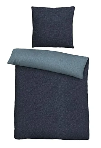 biberna Melange-Flanell Bettwäsche 155x200 cm, 2-teilig mit Kissenbezug 80x80 cm, 100% Baumwolle, Biber, mit Paspel, wärmend & weich, Reißverschluss, Winterbettwäsche, Uni, blau, Modell 0840500