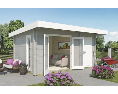 Gartenhaus Blockhaus Pultdach 44 mm Chameleon grau 470x320 cm