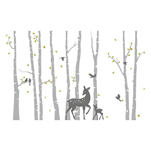 Wandtattoo Birkenstämme GRAU mit Reh und Kitz - Gestalte dein Zuhause mit diesem dekorativen Wandtattoo aus grauen Birkenstämmen. Ideal für Wohnzimmer oder Kinderzimmer, einfach anzubringen und mit intensiver Farbwiedergabe.