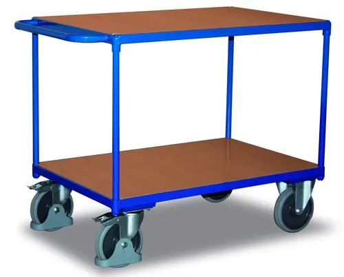 VARIOfit Schwerlast Tischwagen mit 2 Ladeflächen 1.595 x 800 mm - Etagenwagen aus robustem Stahlrohr, ideal für schwere Lasten bis 1000 kg. Mit wasserfestem Sperrholz und elastischen Vollgummirädern für einfache Mobilität.