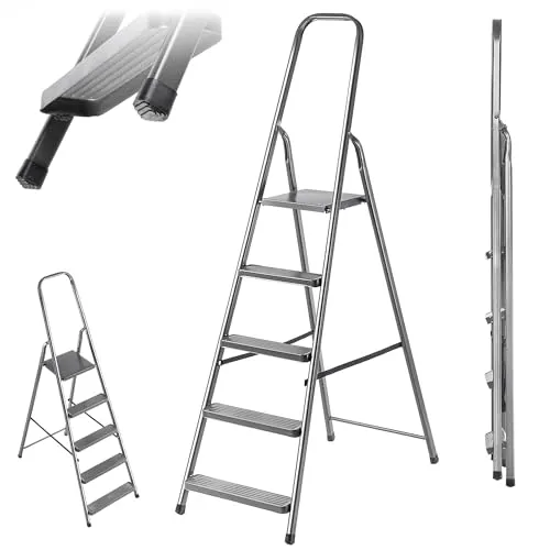 KADAX Klappbare Stufenleiter aus Stahl, 5 Stufen, mit Antirutsch-Füßen und Ablage, Einseitige Trittleiter für Haushalt und Garten