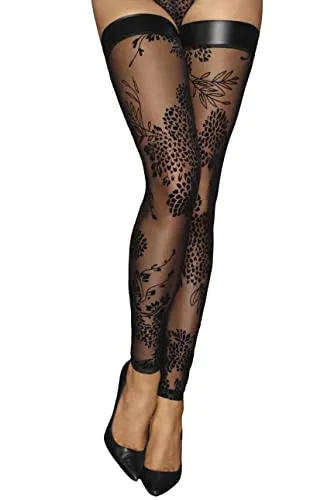 .NoirHandmade Schwarze Tüll Strümpfe mit floraler Flockstickerei und mattem wetlook Material elastisch XL