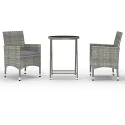 vidaXL 3-tlg. Bistro-Set Poly Rattan und Hartglas Grau - Gartenmöbel-Set für stilvolle Entspannung im Freien, mit ergonomischen Stühlen und pflegeleichtem Hartglas-Tisch. Ideal für Balkon und Terrasse!