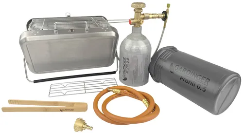 BBQ Koffergasgrill Set BBQ FOR TWO mit Propanflasche 0,5 kg - Kompakter Koffergrill aus Edelstahl, ideal für Grillabenteuer unterwegs – inklusive Bambuszange und Propanflasche für sofortigen Genuss.
