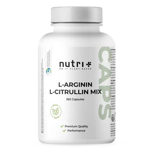 nutri+ L-Arginin L-Citrullin hochdosiert Kapseln - Aminosäuren mit 3000 mg L-Citrullin und 2750 mg L-Arginin pro Tagesportion. Unterstützt die Gefäßerweiterung und sorgt für längere Verfügbarkeit von L-Arginin im Körper. Frei von Gluten, Soja und Zusatzstoffen.