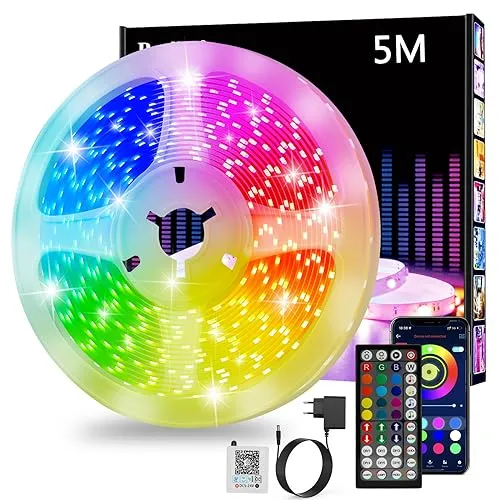 RGB LED Streifen 5 m, Bluetooth Smart Selbstklebend Mit Fernbedienung Und App, Dimmbar, Musiksynchronisation, Timer-Einstellung für Spielzimmer, Wohnzimmer, Küche, Party