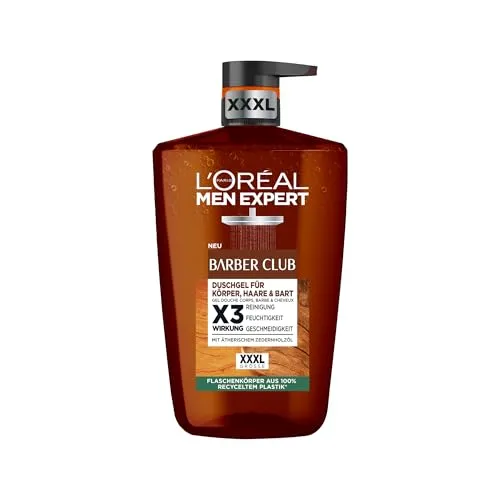 L'Oréal Men Expert XXXL Duschgel und Shampoo für Männer, Duschbad zur Reinigung von Körper, Haar, Gesicht und Bart, Herren Körperpflege mit holzigem Duft und Zedernholzöl, Barber Club, 1 x 1000 ml