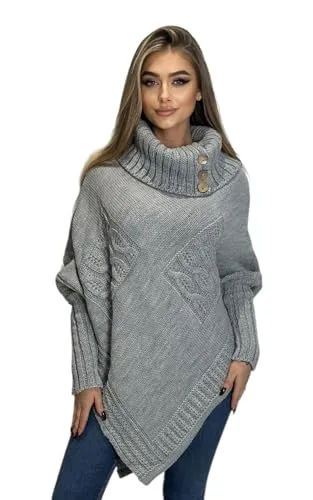 Mississhop Poncho Strick Sweatshirt Pullover Umhang Überwurf 30-01 Grau - Strick Ponchos & Capes für Damen, bequemer Rollkragen und lockerer Schnitt für vielseitige Passform von 36-42, ideal für jeden Anlass.