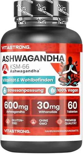 Ashwagandha KSM-66 Vitastrong, Extrakt Withania Somnifera (Indischer Ginseng) mit 30 mg Withanoliden, Reines Ashwagandha Hochdosiert 600mg, 60 Tabletten, 100% Vegan, Ohne Gentechnik, Gluten, Laktose