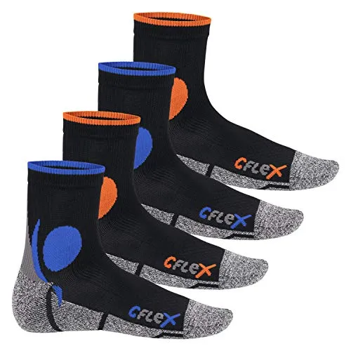 CFLEX Damen und Herren Running Funktions-Socken (4 Paar) - Schwarz-Mix 43-46 - Sportsocken für Damen und Herren, ideal für mittlere bis lange Strecken, mit klima-aktivem Materialmix und ergonomischen Polsterungen für optimalen Komfort und Schutz.