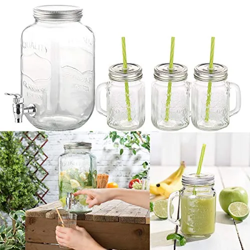 PEARL Getränkespender Glas: 4-teiliges Set aus Getränkespender und 3 Trinkgläser im Retrolook (Saftspender Glas, Retro, Wasserkanister)