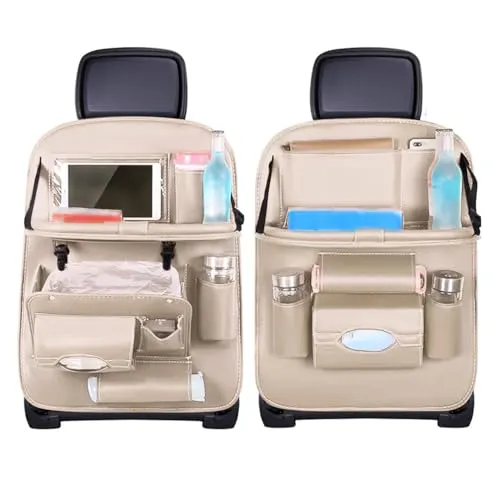 Stück Autositz Organizer Rückenlehnenschutz, Auto Rücksitz Organizer Kinder, Kunstleder Beige Anti-Kick Multifunktional Wasserdicht, mit Klapptisch Tablet Fach, 8 Taschen, Große Aufbewahrungstasche 2