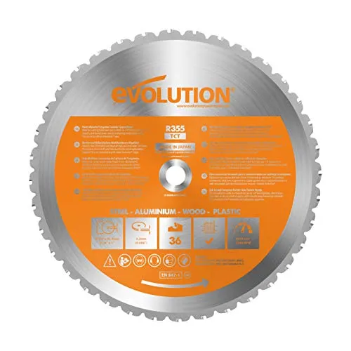 Evolution Power Tools Sägeblatt 355mm für Kappsäge | Mehrzweckschneidklinge mit 36 Zähnen, TCT-Kreissägeblatt |Multimaterial,Schneidet Baustahl, Aluminium, Kunststoffe, Holz mit Nägeln | ‎R355TCT-36T