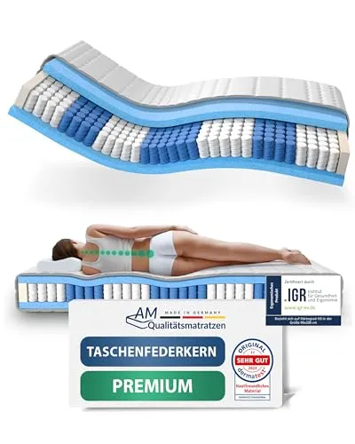 AM Qualitätsmatratzen 7-Zonen Taschenfederkernmatratze 140x210 cm - Premiumkomfort - Hochwertige 7-Zonen Tonnentaschenfederkernmatratze (140x210 cm) für optimale Punktelastizität und erholsamen Schlaf. Hergestellt in Deutschland, OEKO-TEX zertifiziert und mit 30 Nächten Probeschlafen.