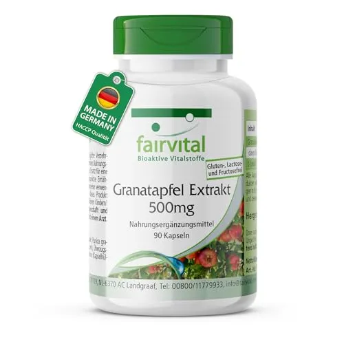 fairvital Granatapfel Extrakt 500mg, 90 Kapseln, 1500mg pro Tag, schluckfreundlich, reich an Ellagsäure, HOCHDOSIERT, VEGAN