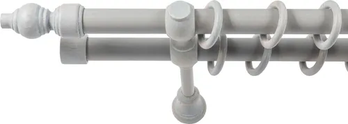 SN Deco Stilgarnitur Gardinenstange Filigrano, 28mm, Antikgrau, 120cm - Elegante 2-läufige Gardinenstange aus stabilem Massivholz, ideal für leichte bis mittelschwere Vorhänge. In trendigem Antikgrau erhältlich, passt sie perfekt zu modernen Wohnstilen.