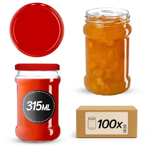 KADAX 100st Einmachgläser 315 ml mit fi66 mm Schraubdeckel für Honig, Dessert, Marmeladen | Luftdichte Gläschen, Einmachglas, Rundgläser, Konfitürengläser, Honiggläser (100 Stück, Rot)