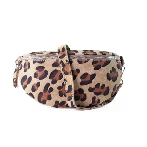 lePelou Bauchtasche aus Veloursleder im Leo-Look, Wildleder Bauchtasche, Festival Tasche, Cross Body Tasche, Gürteltasche, Geschenk (Leo beige)