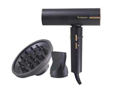 BEPER P301ASC010 Bürstenloser Haartrockner, 1800W, 3 Geschwindigkeiten, 3 wählbare Temperaturen, LED-Temperaturanzeige, selbstreinigendes Gitter, inkl. Zubehör, Schwarz