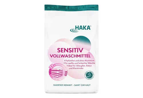 HAKA Vollwaschmittel Sensitiv I 3kg - Waschmittel für Allergiker, ohne Farbstoffe und Duftstoffe. Ideal für empfindliche Haut und Babykleidung, entfernt hartnäckige Flecken auch bei niedrigen Temperaturen.
