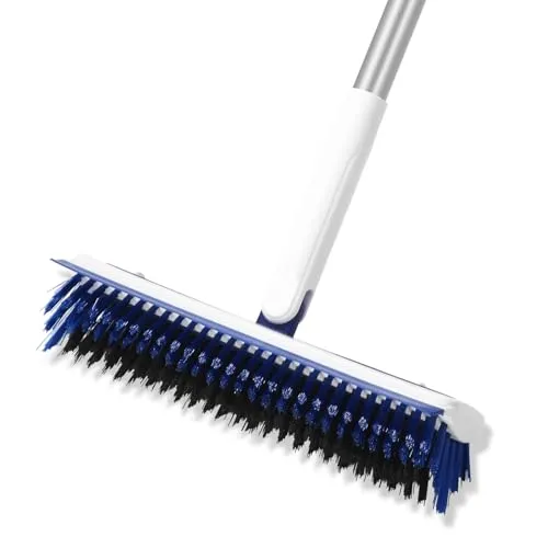 Schrubber mit Stiel, 2 in 1 Bodenschrubber mit Wasserschieber & Steifen Borsten, 5-teiliger Stiel bis 1,8M, Bodenbürste für Fliesen, Bad, Küche, Terrasse, Garage, Pool, Ideal als Terrassenbürste