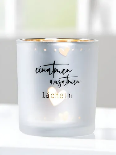 GILDE Teelichthalter Glas Windlicht einatmen/ausatmen/lächeln (Einzelartikel, 1 St), Designobjekt, für Drinnen & Draußen (überdacht)