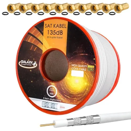 HB-Digital 50m 135dB Koaxial SAT Kabel Reines KU Kupfer Koax Kabel Antennenkabel 5-fach geschirmt für DVB-S / S2 DVB-C und DVB-T DAB+ Radio UHD 4K 8K BK Anlagen + 10 vergoldete F-Stecker mit Gummiring