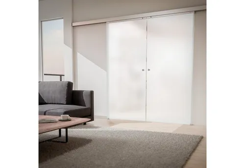 inova wohnen Doppelschiebetür - Vollflächig satiniert, 176 x 203,5 cm - Elegante Doppelschiebetür aus 8 mm Sicherheitsglas mit satiniertem Dekor. Wartungsfreies Schiebesystem für leisen Betrieb und einfache Installation. Ideal für moderne Wohnräume.