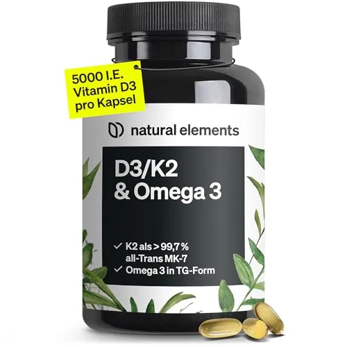 Vitamin D3/K2 & Omega 3 Kapseln NATURAL ELEMENTS - Vitamine & Mineralien, unterstützt das Immunsystem und fördert die Herzgesundheit mit nur 1 Kapsel alle 5 Tage.