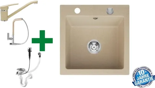 [Granitspüle 48x50 Beige +Armatur] Hochwertig beidseitig Montierbar Küchenspüle Eckig Einbaugranitspüle Granit Spülbecken f. Unterschränke ab 45 cm inkl. Siphon Set, Armatur:Side