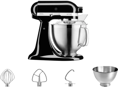 KitchenAid 5KSM185PSEOB Onyx Schwarz - Leistungsstarke Küchenmaschine - Küchenmaschine mit 300 Watt Direktantrieb, drei langlebigen Edelstahlaufsätzen und Spritzschutzdeckel. Ideal für müheloses Kneten von Teigen und einfache Reinigung.