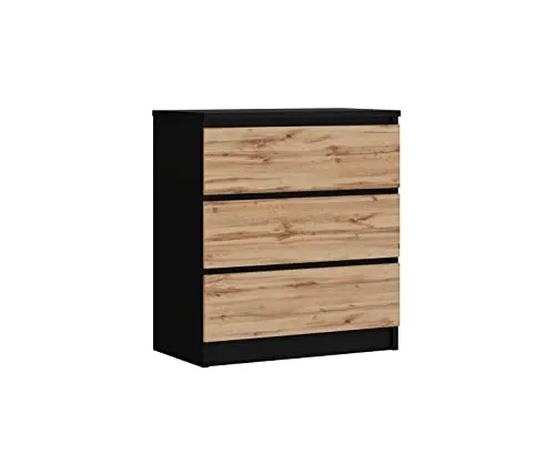 3E 3xE living.com Komodenschrank mit 3 Schubladen - Schwarz/Wotan Eiche - Stylischer Kommodenschrank mit 3 geräumigen Schubladen, ideal zur Aufbewahrung von Kleidung und Dokumenten. Perfekt für moderne und skandinavische Räume, sorgt für Ordnung und elegantes Design.