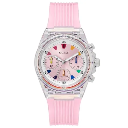 GUESS Damen Analog Quarz Uhr GW0438L7 - Elegante Armbanduhr für Damen mit 39 mm transparentem Gehäuse und rosa Armband, wasserdicht bis 30 m – der perfekte Begleiter für jeden Anlass.