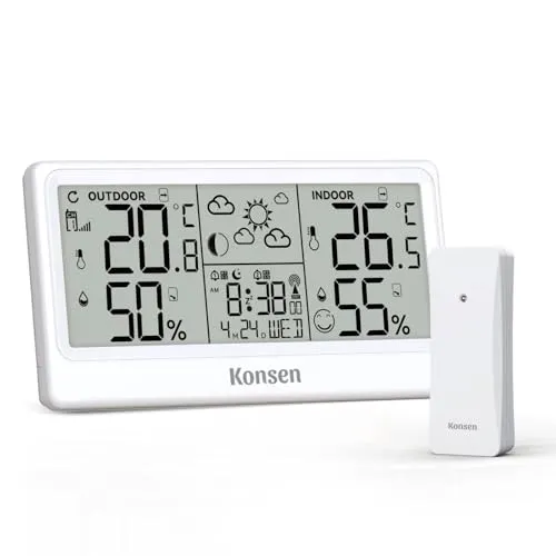 Konsen Funk-Wetterstation mit Außensensor – DCF Funkuhr, Digitales Thermo-Hygrometer - Praktische Wetterstation mit automatischer Zeitsynchronisation und großem, gut ablesbarem Display. Misst präzise Innen- und Außentemperatur sowie Luftfeuchtigkeit für eine zuverlässige Wetterprognose.