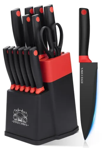 FIVE COWS Messerblock Set 14-teilig mit Selbstschärfer und Schere, Schwarz/Rot