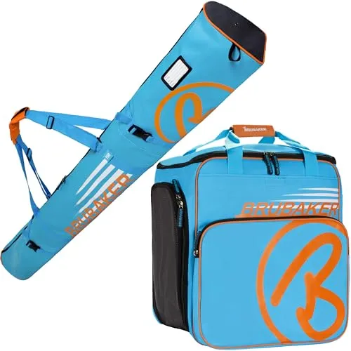 BRUBAKER Kombi Set Champion - Limited Edition - Skisack und Skischuhtasche für 1 Paar Ski bis 190 cm + Stöcke + Schuhe + Helm Blau Orange
